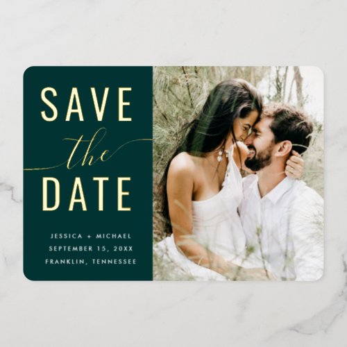 Modern Typography Emerald Green Photo Save Date  Foil Invitation