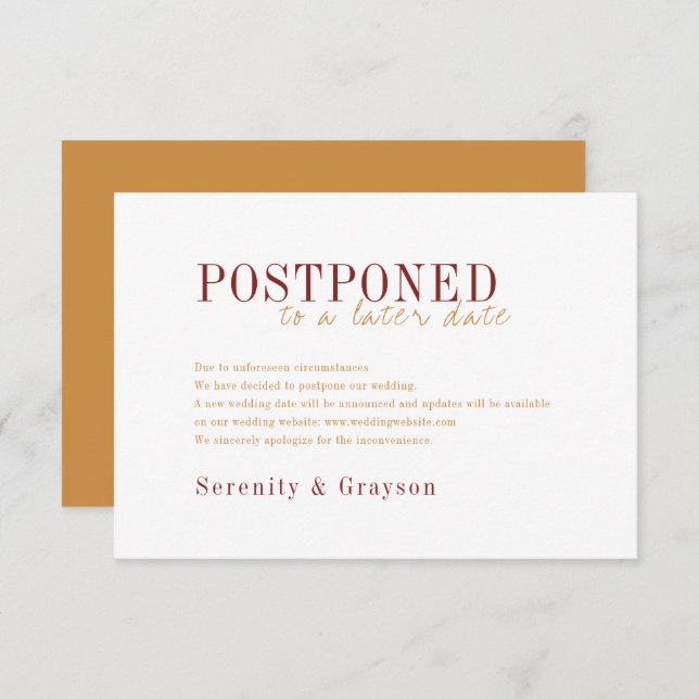 Modern typography fall wedding postponement invitation (Front/Back)