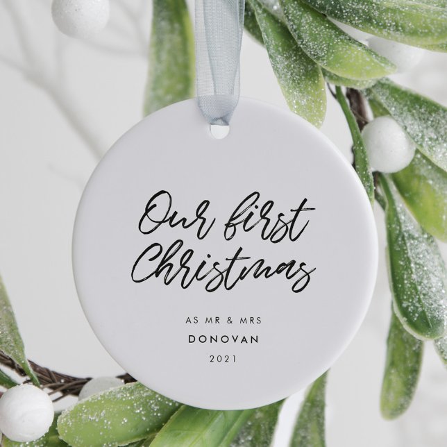 Modern typography First Christmas wedding photo Ceramic Ornament (Creator Uploaded)