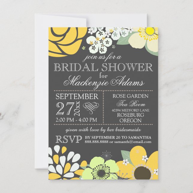 Modern Typography Floral Bridal Shower Gray Yellow Invitation (Front)