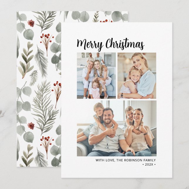 Modern Typography Foliage Multi Photo Christmas  Holiday Card (Front/Back)