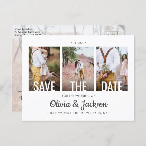 Modern Typography Four Photo Wedding Save the Date Announcement Postcard