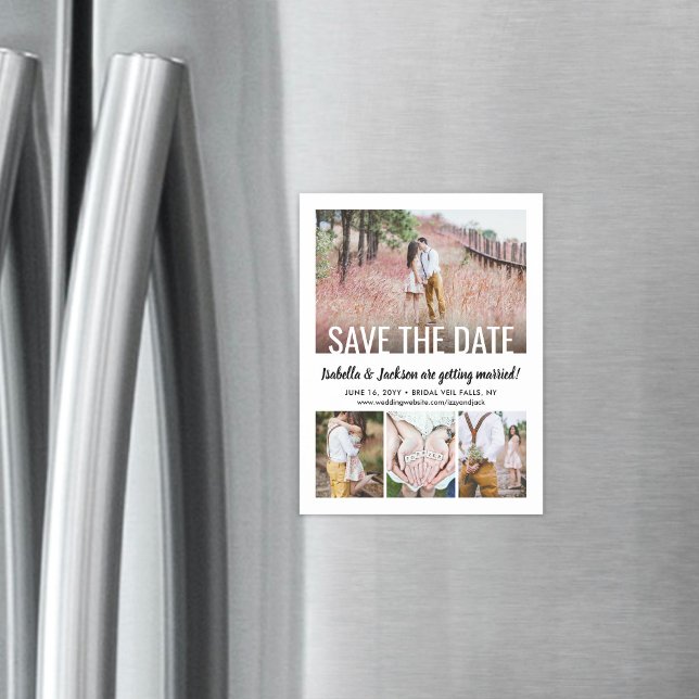 Modern Typography Four Photo Wedding Save the Date Magnetic Invitation (Creator Uploaded)