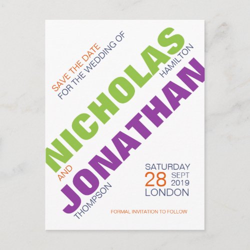 Modern Typography Gay Save the Date Postcard