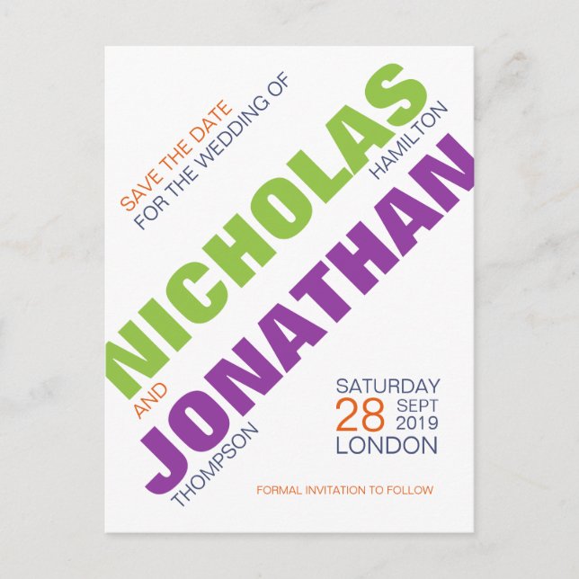 Modern Typography Gay Save the Date Postcard (Front)