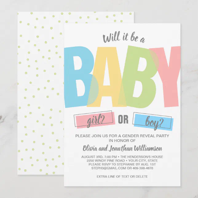 Modern Typography Gender Reveal Baby Shower Party Invitation | Zazzle
