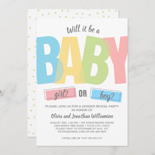 Modern Typography Gender Reveal Baby Shower Party Invitation (Front/Back)