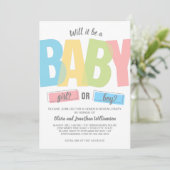 Modern Typography Gender Reveal Baby Shower Party Invitation (Standing Front)