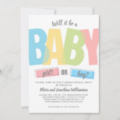 Modern Typography Gender Reveal Baby Shower Party Invitation (Front)