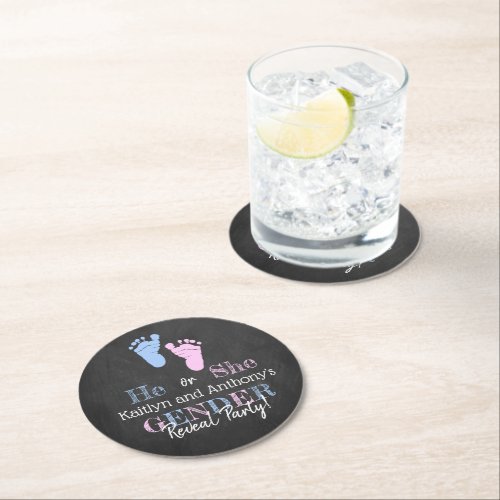 Modern Typography Gender Reveal Party Baby Shower Round Paper Coaster