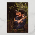 Modern Typography Gold Arch Photo Save the Date Foil Invitation<br><div class="desc">Elegant Foil Save the Date Card with beautiful Typography and a golden arch overlay. Personalize this Save the Date Card Template with your own image of choice,  names and wedding date and a personal message on the back.</div>