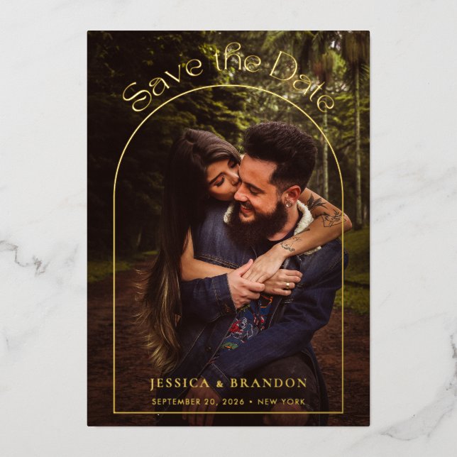 Modern Typography Gold Arch Photo Save the Date Foil Invitation (Front)