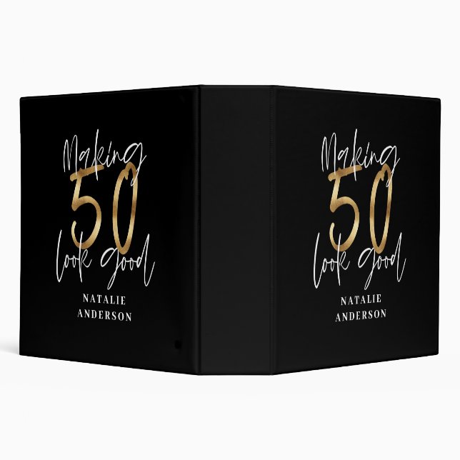 modern typography gold black 50th birthday 3 ring binder (Background)