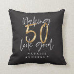 modern typography gold black 50th birthday throw pillow<br><div class="desc">Fun 50th birthday gift. Ideal party favor or gift for your fun and fifty friend or relative. Part of a collection.</div>