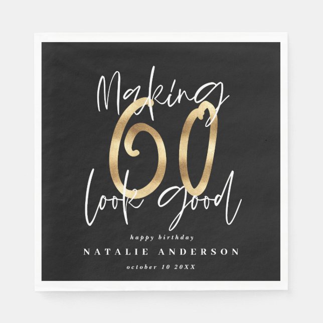 Modern typography gold black 60th birthday party napkins (Front)