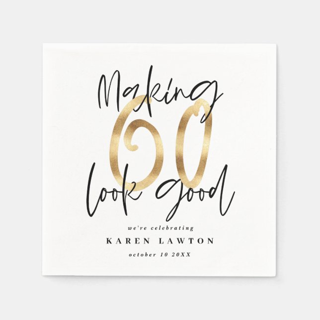 Modern typography gold black 60th birthday party napkins (Front)