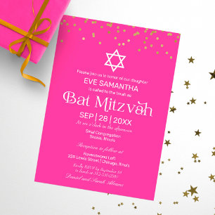 Modern Typography Gold Confetti Pink Bat Mitzvah Invitation
