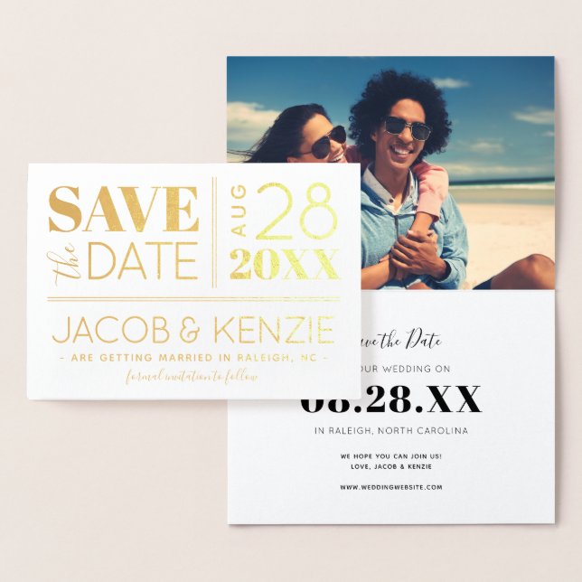 Modern Typography Gold Foil Photo Save the Date Foil Card (Display)
