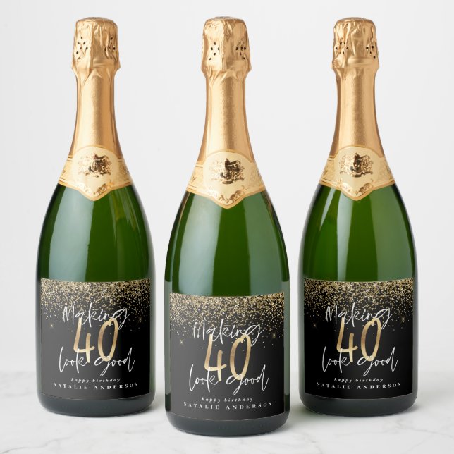 Modern typography gold glitter chic 40th birthday sparkling wine label (Bottles)