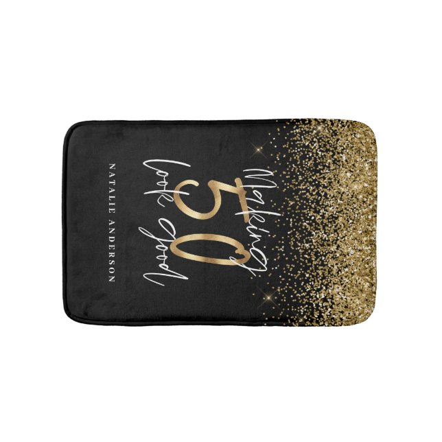 Modern typography gold glitter chic 50th birthday bath mat (Front)