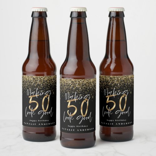 Modern typography gold glitter chic 50th birthday beer bottle label
