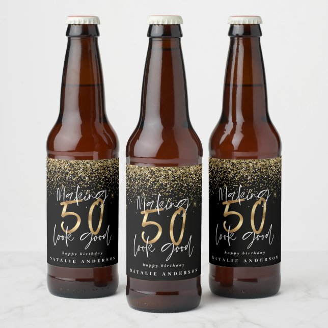 Modern typography gold glitter chic 50th birthday beer bottle label (Bottles)