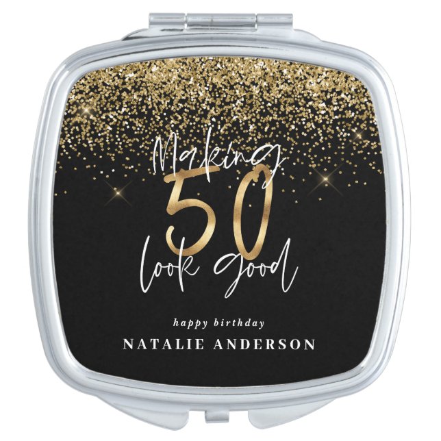 Modern typography gold glitter chic 50th birthday compact mirror (Front)