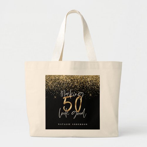 Modern typography gold glitter chic 50th birthday  large tote bag