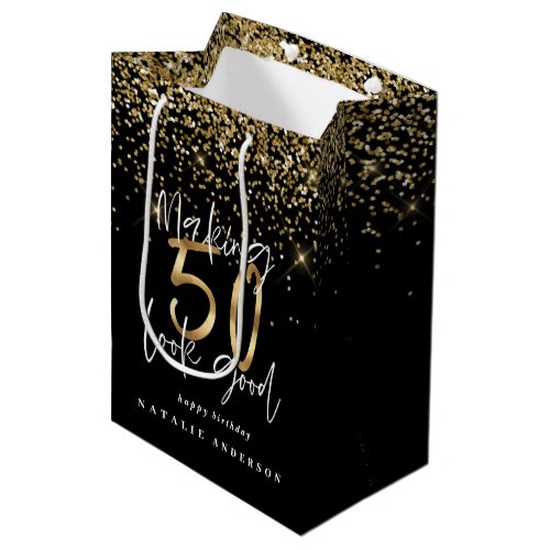 Modern typography gold glitter chic 50th birthday medium gift bag