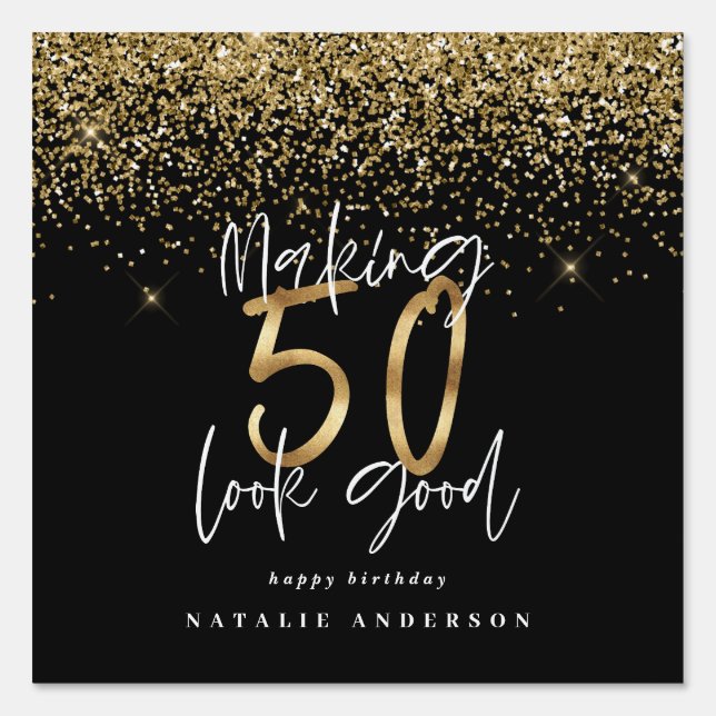 Modern typography gold glitter chic 50th birthday sign (Front)