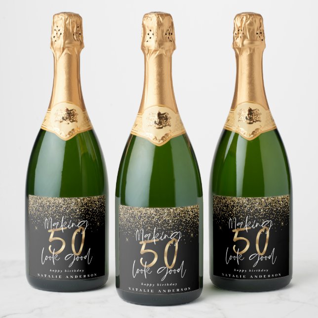 Modern typography gold glitter chic 50th birthday sparkling wine label (Bottles)