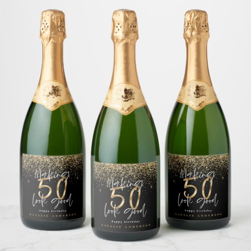 Modern typography gold glitter chic 50th birthday  sparkling wine label