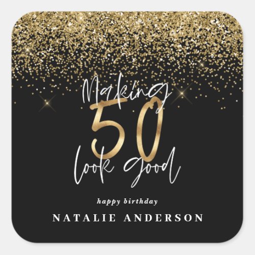 Modern typography gold glitter chic 50th birthday square sticker
