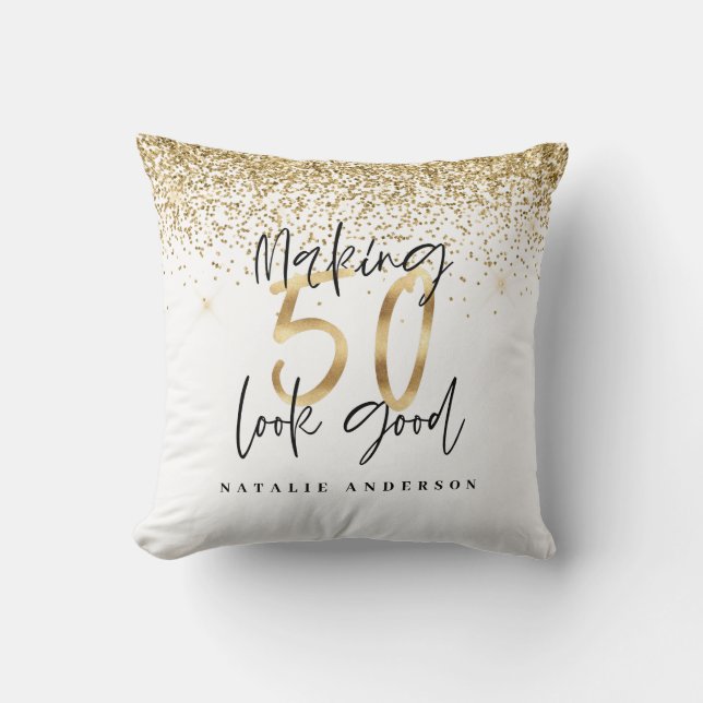 Modern typography gold glitter chic 50th birthday  throw pillow (Front)