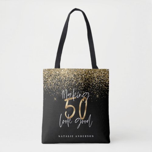 Modern typography gold glitter chic 50th birthday  tote bag