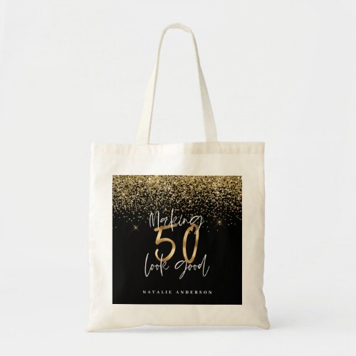 Modern typography gold glitter chic 50th birthday tote bag