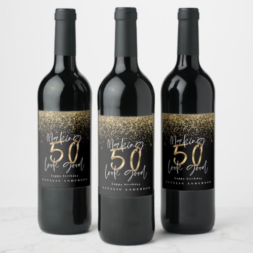 Modern typography gold glitter chic 50th birthday wine label