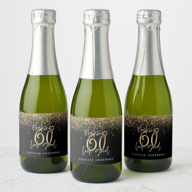 Modern typography gold glitter chic 60th birthday  sparkling wine label (Bottles)
