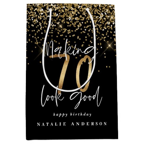 Modern typography gold glitter chic 70th birthday medium gift bag