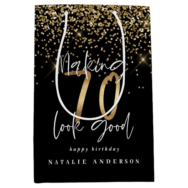 Modern typography gold glitter chic 70th birthday medium gift bag (Front)