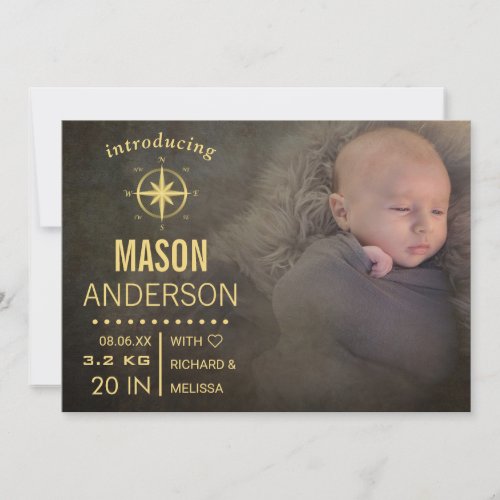 Modern Typography Gold Nautical Birth Announcement