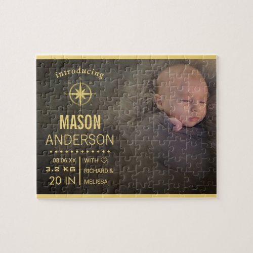 Modern Typography Gold Nautical Birth Announcement Jigsaw Puzzle