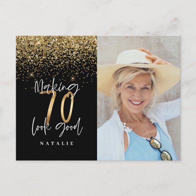 Modern typography gold photo birthday invitation postcard (Front)