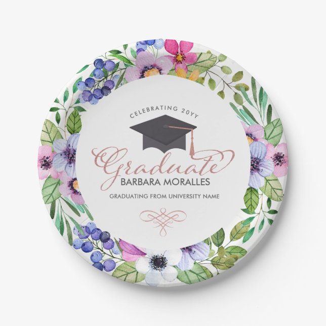 Modern Typography Graduate- Boho Flowers Frame Paper Plates (Front)