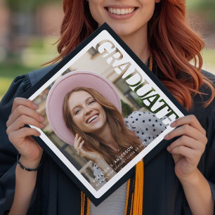 Modern Typography Graduate Photo Black and White Graduation Cap Topper