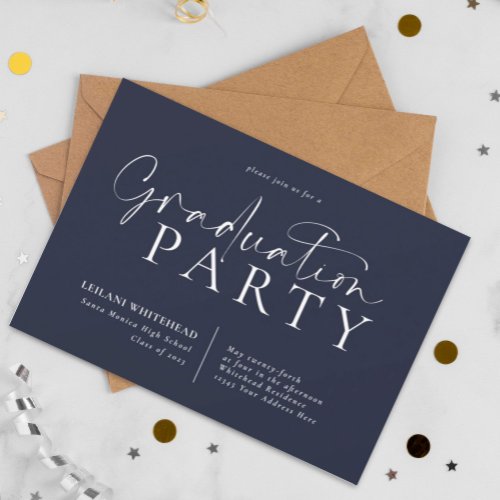 Modern Typography Graduation Party Navy Blue Invitation