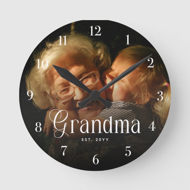 Modern Typography Grandma Custom Photo Gift Round Clock (Front)