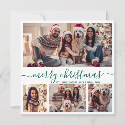 Modern Typography Green 5 Photo Collage Christmas Holiday Card