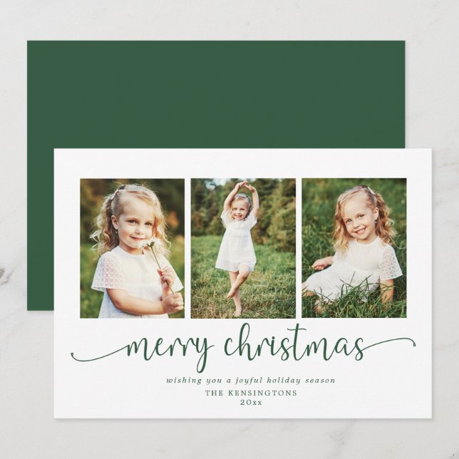 Modern Typography Green Christmas Holiday 3 Photo Card (Front/Back)