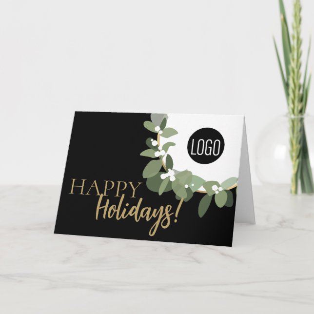 Modern Typography Green Wreath Happy Holidays logo Holiday Card (Front)